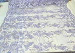 Load image into Gallery viewer, Lavender Beaded Feather Lace Fabric – Pearl Embroidered Bridal Lace on Mesh – Couture Dress, Prom Gown, Wedding Fabric Sold by Yard
