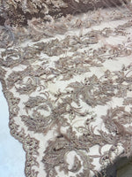 Load image into Gallery viewer, Mauve Beaded Feather Lace Fabric – Pearl Embroidered Bridal Lace on Mesh – Couture Dress, Prom Gown, Wedding Fabric Sold by Yard
