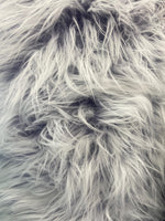 Load image into Gallery viewer, Faux fur,Silver gray on purple shaggy long pile fabric upholstery  per yard 58” wide
