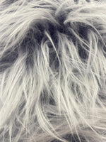 Load image into Gallery viewer, Faux fur,Silver gray on purple shaggy long pile fabric upholstery  per yard 58” wide
