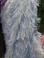 Load image into Gallery viewer, Light Blue feather tinsel on mesh fabric per yard 60" wide
