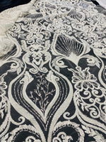 Load image into Gallery viewer, White Beaded Lace Fabric on Nude Mesh – Luxury Sequin Embroidered Fabric by the Yard – Bridal, Evening Gown, Prom Dress, Couture Lace
