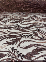 Load image into Gallery viewer, Brown Beaded Leaf Vine Lace Fabric – Luxury Glitter Tulle Embroidery – Bridal, Evening Gown &amp; Couture Dress Material by the Yard
