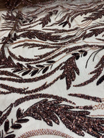 Load image into Gallery viewer, Brown Beaded Leaf Vine Lace Fabric – Luxury Glitter Tulle Embroidery – Bridal, Evening Gown &amp; Couture Dress Material by the Yard
