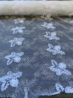 Load image into Gallery viewer, White floral lace ,embroider with sequin on mesh scalloped, sold by the yard 54” wide
