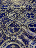 Load image into Gallery viewer, Royal Blue Gold Brocade Fabric – Ornate Cross Pattern Upholstery &amp; Church Fabric, Metallic Jacquard, Luxury Baroque Fabric by the Yard
