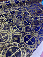 Load image into Gallery viewer, Royal Blue Gold Brocade Fabric – Ornate Cross Pattern Upholstery &amp; Church Fabric, Metallic Jacquard, Luxury Baroque Fabric by the Yard
