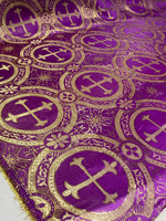 Load image into Gallery viewer, Violet Gold Brocade Fabric – Ornate Cross Pattern Upholstery &amp; Church Fabric, Metallic Jacquard, Luxury Baroque Fabric by the Yard
