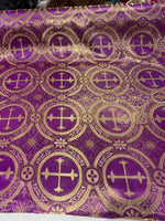 Load image into Gallery viewer, Violet Gold Brocade Fabric – Ornate Cross Pattern Upholstery &amp; Church Fabric, Metallic Jacquard, Luxury Baroque Fabric by the Yard
