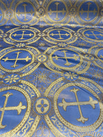 Load image into Gallery viewer, Light Blue Gold Brocade Fabric – Ornate Cross Pattern Upholstery &amp; Church Fabric, Metallic Jacquard, Luxury Baroque Fabric by the Yard
