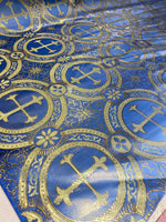 Load image into Gallery viewer, Light Blue Gold Brocade Fabric – Ornate Cross Pattern Upholstery &amp; Church Fabric, Metallic Jacquard, Luxury Baroque Fabric by the Yard
