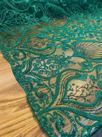 Load image into Gallery viewer, Emerald Beaded Lace Fabric, Sequined Embroidered Tulle, Bridal Lace by the Yard, Evening Gown Fabric, Luxury Dress Material
