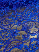 Load image into Gallery viewer, Royal blue Beaded Lace Fabric, Sequined Embroidered Tulle, Bridal Lace by the Yard, Evening Gown Fabric, Luxury Dress Material
