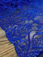 Load image into Gallery viewer, Royal blue Beaded Lace Fabric, Sequined Embroidered Tulle, Bridal Lace by the Yard, Evening Gown Fabric, Luxury Dress Material
