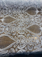 Load image into Gallery viewer, White Beaded Lace Fabric, Sequined Embroidered Tulle, Bridal Lace by the Yard, Evening Gown Fabric, Luxury Dress Material
