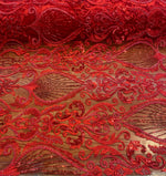 Load image into Gallery viewer, Red Beaded Lace Fabric, Sequined Embroidered Tulle, Bridal Lace by the Yard, Evening Gown Fabric, Luxury Dress Material
