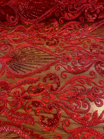Load image into Gallery viewer, Red Beaded Lace Fabric, Sequined Embroidered Tulle, Bridal Lace by the Yard, Evening Gown Fabric, Luxury Dress Material
