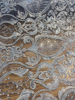Load image into Gallery viewer, Silver Beaded Lace Fabric, Sequined Embroidered Tulle, Bridal Lace by the Yard, Evening Gown Fabric, Luxury Dress Material
