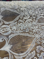 Load image into Gallery viewer, Ivory Beaded Lace Fabric, Sequined Embroidered Tulle, Bridal Lace by the Yard, Evening Gown Fabric, Luxury Dress Material
