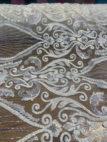 Load image into Gallery viewer, Ivory Beaded Lace Fabric, Sequined Embroidered Tulle, Bridal Lace by the Yard, Evening Gown Fabric, Luxury Dress Material
