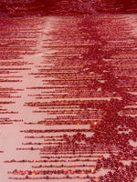 Load image into Gallery viewer, Red Lace Fabric – Hand-Beaded Mesh with Linear Fringe Design – Couture Eveningwear, Bridal, Gown &amp; Luxury Decor Fabric by the Yard

