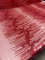 Load image into Gallery viewer, Red Lace Fabric – Hand-Beaded Mesh with Linear Fringe Design – Couture Eveningwear, Bridal, Gown &amp; Luxury Decor Fabric by the Yard
