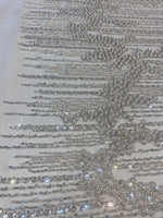 Load image into Gallery viewer, White Lace Fabric – Hand-Beaded Mesh with Linear Fringe Design – Couture Eveningwear, Bridal, Gown &amp; Luxury Decor Fabric by the Yard
