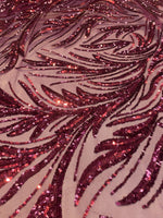 Load image into Gallery viewer, Burgundy Sequin Stretch Fabric on Mesh – Sparkle Fabric for Dresses, Gowns, Costumes, Dancewear &amp; Event Decor by the Yard

