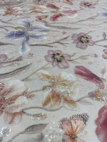 Load image into Gallery viewer, Pink Mist Beaded Butterfly Floral Sheer Fabric – 3D Embroidered Mesh with Sequins
