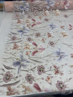 Load image into Gallery viewer, Pink Mist Beaded Butterfly Floral Sheer Fabric – 3D Embroidered Mesh with Sequins
