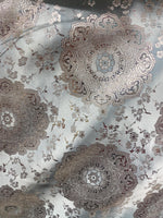Load image into Gallery viewer, Light blue &amp; Gold Brocade Jacquard Fabric – Metallic Floral Medallion Pattern – Upholstery, Costume, Drapery, Sewing Material by the Y
