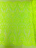 Load image into Gallery viewer, Neon Green Sequin heart Lace Fabric by the Yard – Stretch Mesh Embroidered Glitter Fabric for Dresses, Gowns, Costumes &amp; Decor
