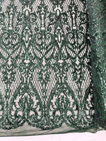 Load image into Gallery viewer, Hunter Green Sequin heart Lace Fabric by the Yard – Stretch Mesh Embroidered Glitter Fabric for Dresses, Gowns, Costumes &amp; Decor

