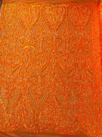 Load image into Gallery viewer, Orange Sequin heart Lace Fabric by the Yard – Stretch Mesh Embroidered Glitter Fabric for Dresses, Gowns, Costumes &amp; Decor
