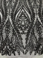 Load image into Gallery viewer, Black Sequin Lace Fabric by the Yard – Stretch Mesh Glitter Fabric

