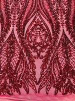 Load image into Gallery viewer, Burgundy Sequin Lace Fabric by the Yard – Stretch Mesh Glitter Fabric
