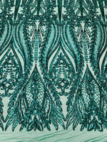 Load image into Gallery viewer, Emerald Green Sequin Lace Fabric by the Yard – Stretch Mesh Glitter Fabric
