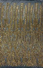 Load image into Gallery viewer, Gold on Black Sequin Lace Fabric by the Yard – Stretch Mesh Glitter Fabric
