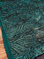 Load image into Gallery viewer, Emerald Sequin Mesh Fabric, Elegant Lace Sequin,Bridal Evening Gown Material, Stretch Mesh, Wedding Dress fabric
