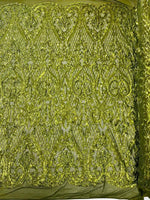 Load image into Gallery viewer, Olive Green Sequin heart Lace Fabric by the Yard – Stretch Mesh Embroidered Glitter Fabric for Dresses, Gowns, Costumes &amp; Decor
