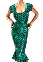 Load image into Gallery viewer, 4-Way Stretch Green Mermaid Hologram Spandex foil scales Fabric by the yard 58” wide
