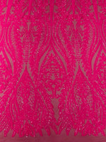 Load image into Gallery viewer, Hot Pink Sequin Lace Fabric by the Yard – Stretch Mesh Glitter Fabric
