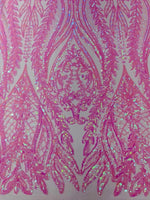 Load image into Gallery viewer, Pink iridescent Sequin Lace Fabric by the Yard – Stretch Mesh Glitter Fabric
