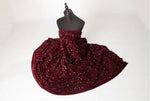 Load image into Gallery viewer, Burgundy Sequin Stretch Velvet Fabric – Sparkly Spandex for Dresses, Costumes, Dancewear &amp; Event Decor
