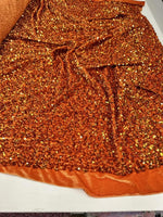 Load image into Gallery viewer, Orange Sequin Stretch Velvet Fabric – Sparkly Spandex for Dresses, Costumes, Dancewear &amp; Event Decor
