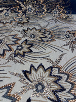Load image into Gallery viewer, Navy Floral Beaded Lace Fabric 3D Sequin Mesh Lace by the Yard for Bridal Gowns, Prom Dresses &amp; Couture Designs
