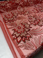 Load image into Gallery viewer, Red Floral Beaded Lace Fabric 3D Sequin Mesh Lace by the Yard for Bridal Gowns, Prom Dresses &amp; Couture Designs
