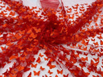 Load image into Gallery viewer, Red 3D Butterfly Satin Lace Fabric – Embroidered Mesh Lace by the Yard for Bridal, Prom Dresses &amp; Couture Designs
