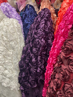 Load image into Gallery viewer, Plum Satin Bridal Petal Rosette on mesh Fabric 52" Wide Sold By The Yard
