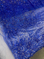 Load image into Gallery viewer, Royal blue 3D Floral Bridal Lace Fabric  Beaded Embroidered Mesh Lace by the Yard – Wedding Dress, Veil &amp; Couture Gown
